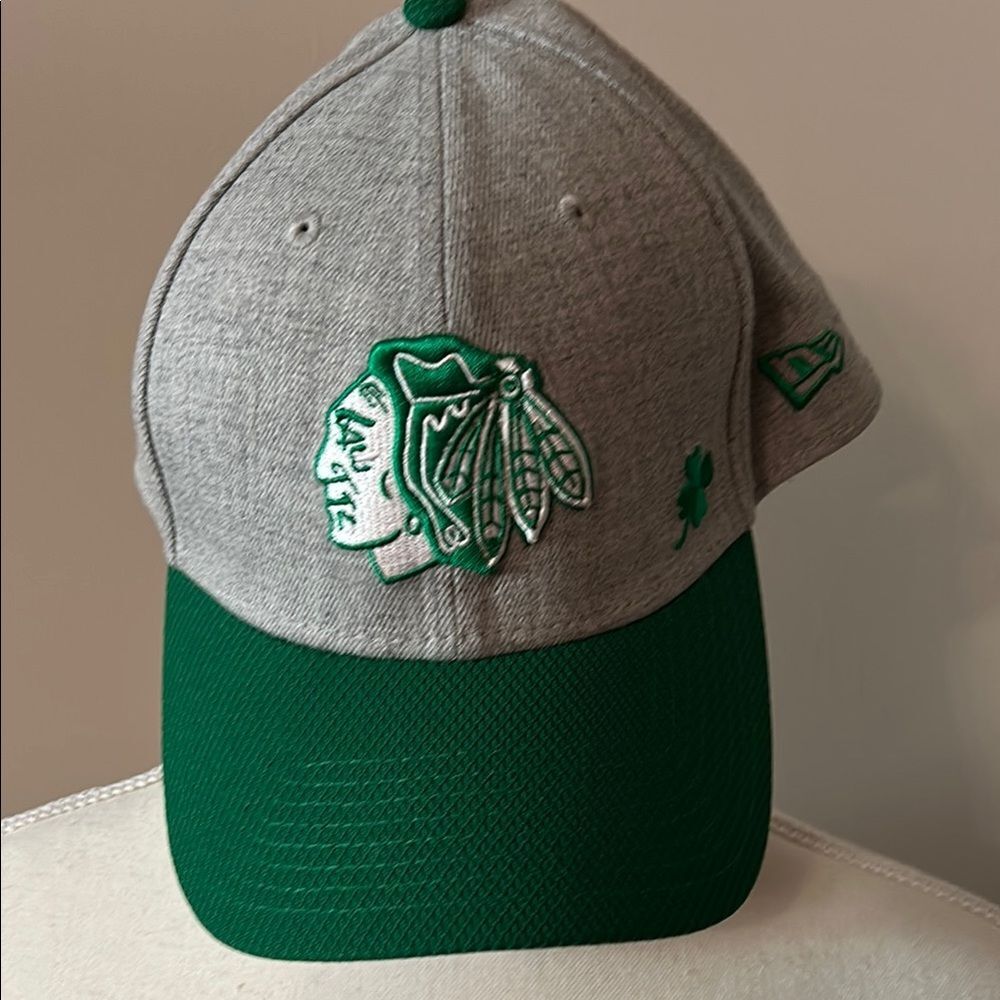 New Era Gray and Green Structured Hat with Blackhawks Logo. Size Medium/Large